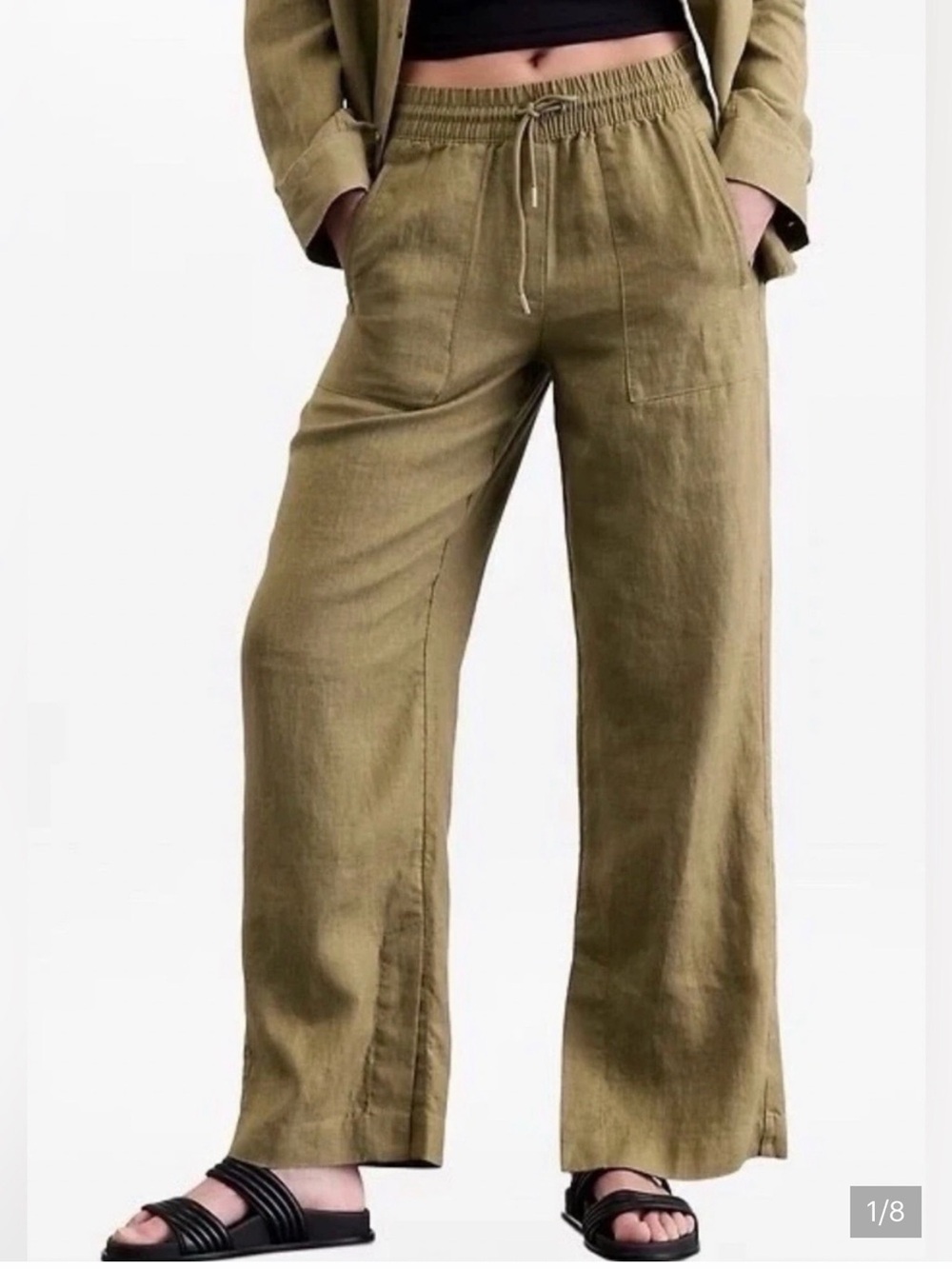 Athleta Retreat 100% Linen Wide Leg Crop Pants XS Olive Green
